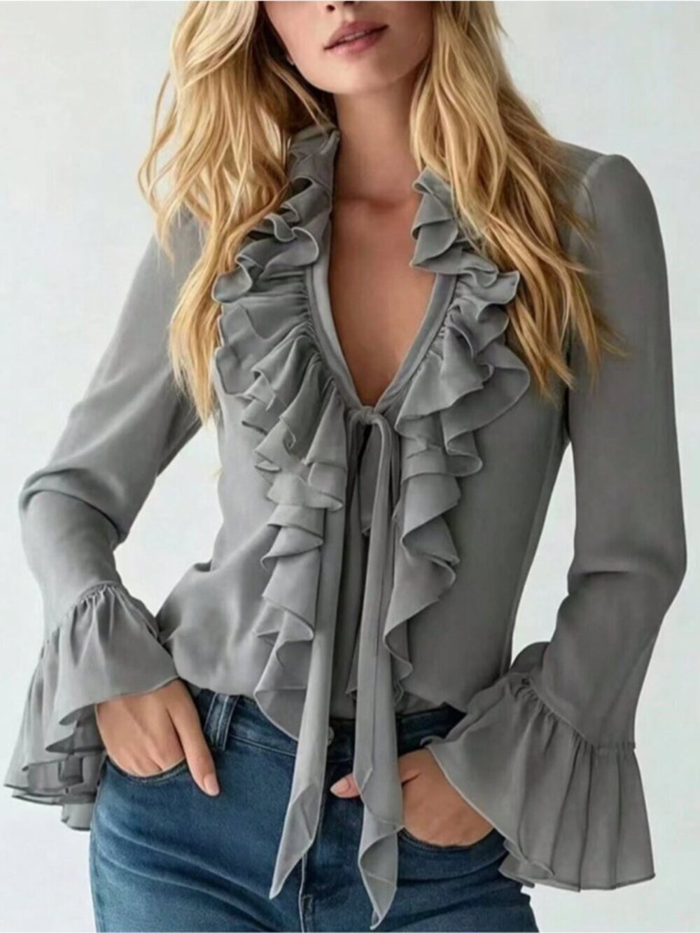 Slate Grey Dramatic Cascading Ruffle Blouse – Bell Sleeve Tie-Front Top